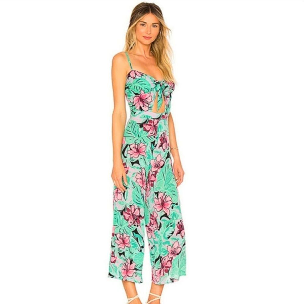 Cleobella Angelina Hawaii Tie-Front Jumpsuit Green Pink Floral Palm Size S NWT